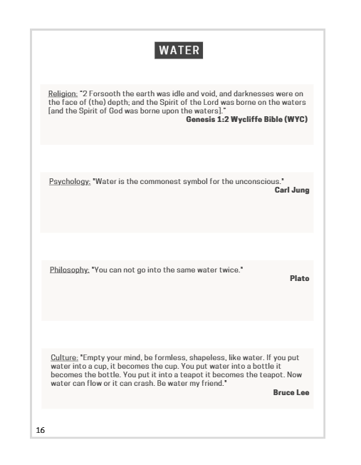 Water, page 16 of Think Daily: four quotations presented under Religion, Psychology, Philosophy, and Culture.